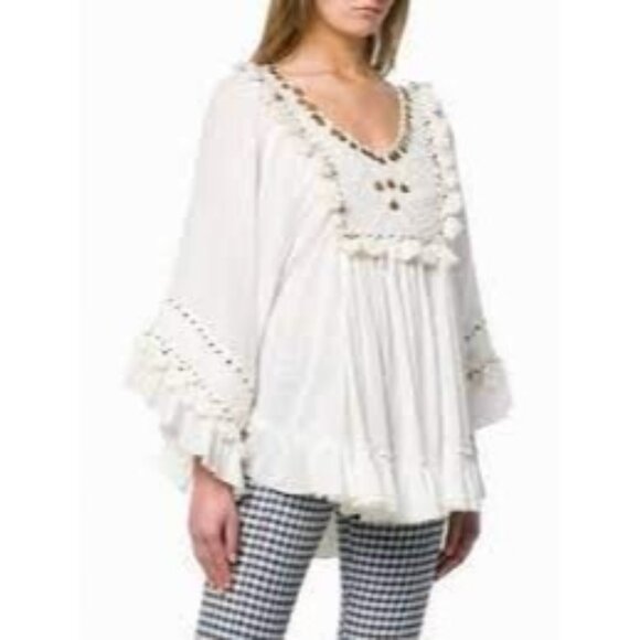 Mes Demoiselles Paris White Boho Embroidered Top W/Coin Detail 38 Small - Picture 1 of 6